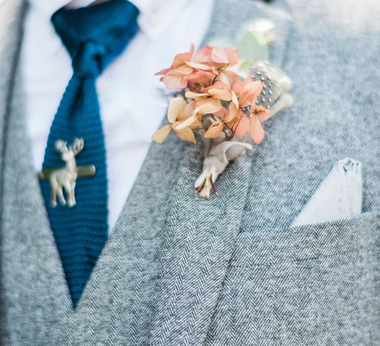 Groom in Grey Wool Master Debonair Suit | Buttonhole | Stag Tie Pink | Pink & Coral Country Wedding at Crabbs Barn, Essex | Kathryn Hopkins Photography | Film by Colbridge Media Services Ltd