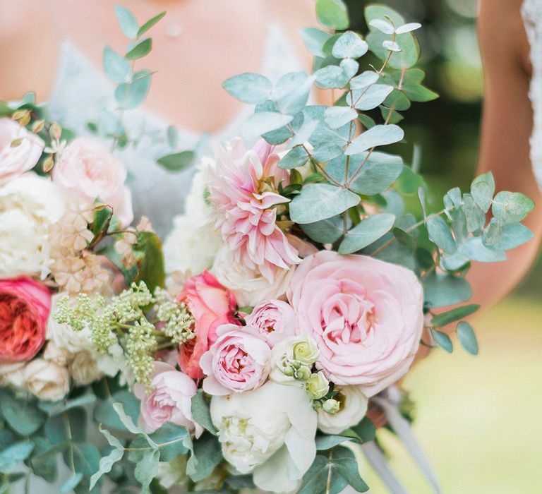 Romantic Pink, White & Coral, Rose, Dahlias & Eucalyptus Bouquet | Pink & Coral Country Wedding at Crabbs Barn, Essex | Kathryn Hopkins Photography | Film by Colbridge Media Services Ltd