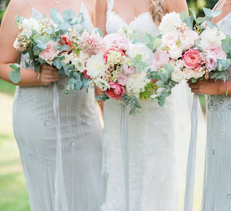 Romantic Pink & Coral Bouquets | Bride in Lace Enzoani 'Inaru' Bridal Gown | Bridesmaids in Grey Embellished ASOS Dresses | Pink & Coral Country Wedding at Crabbs Barn, Essex | Kathryn Hopkins Photography | Film by Colbridge Media Services Ltd