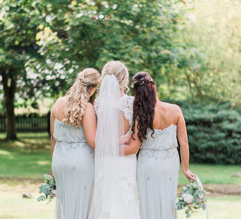 Bride in Lace Enzoani 'Inaru' Bridal Gown | Bridesmaids in Grey Embellished ASOS Dresses | Pink & Coral Country Wedding at Crabbs Barn, Essex | Kathryn Hopkins Photography | Film by Colbridge Media Services Ltd