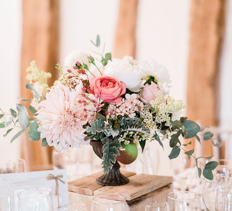 Romantic Peach & Coral Floral Centrepiece | Peach & Coral Country Wedding at Crabbs Barn, Essex | Kathryn Hopkins Photography | Film by Colbridge Media Services Ltd