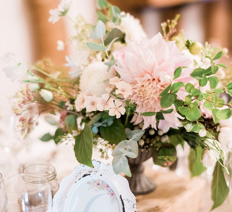 Romantic Table Centrepiece Florals & Wedding Stationery | Peach & Coral Country Wedding at Crabbs Barn, Essex | Kathryn Hopkins Photography | Film by Colbridge Media Services Ltd