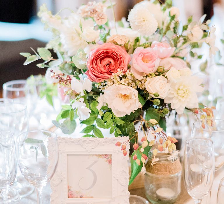 Romantic Table Centrepiece Florals & Wedding Stationery | Peach & Coral Country Wedding at Crabbs Barn, Essex | Kathryn Hopkins Photography | Film by Colbridge Media Services Ltd