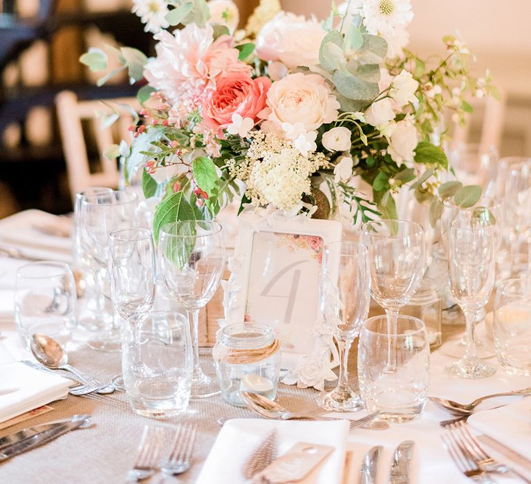 Romantic Table Centrepiece Florals & Wedding Stationery | Peach & Coral Country Wedding at Crabbs Barn, Essex | Kathryn Hopkins Photography | Film by Colbridge Media Services Ltd