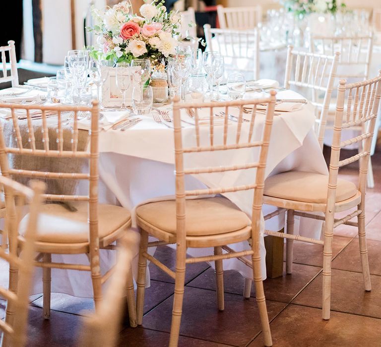 Romantic Peach & Coral Floral Centrepiece | Peach & Coral Country Wedding at Crabbs Barn, Essex | Kathryn Hopkins Photography | Film by Colbridge Media Services Ltd