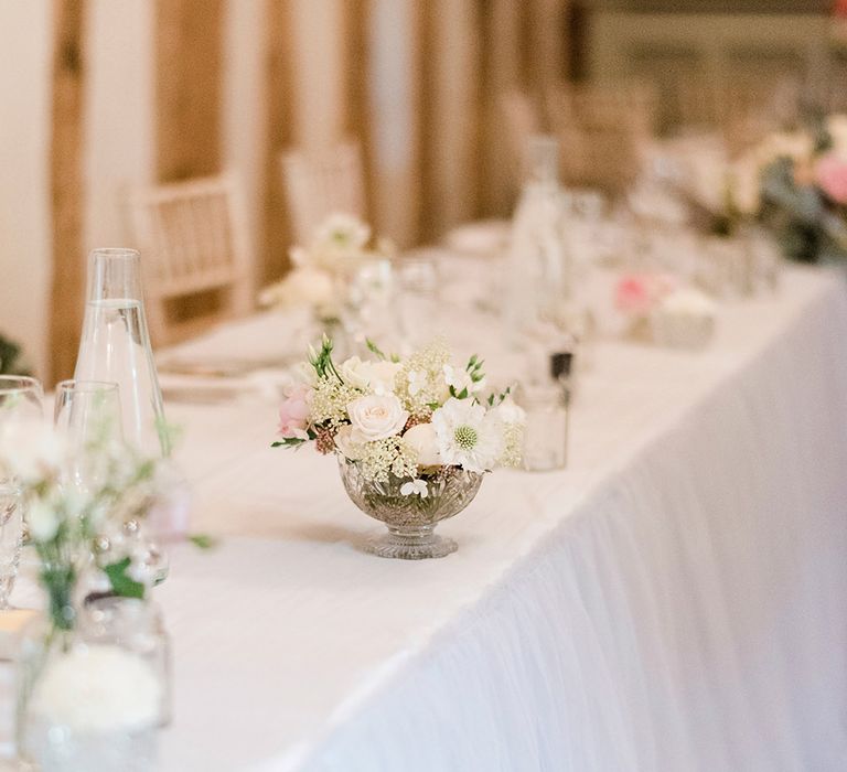 Floral Table Decor | Romantic Peach & Coral Floral Centrepiece | Peach & Coral Country Wedding at Crabbs Barn, Essex | Kathryn Hopkins Photography | Film by Colbridge Media Services Ltd