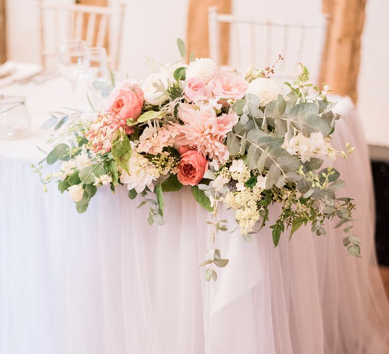 Blush Pink & Coral Wedding Flowers | Romantic Peach & Coral Floral Centrepiece | Peach & Coral Country Wedding at Crabbs Barn, Essex | Kathryn Hopkins Photography | Film by Colbridge Media Services Ltd