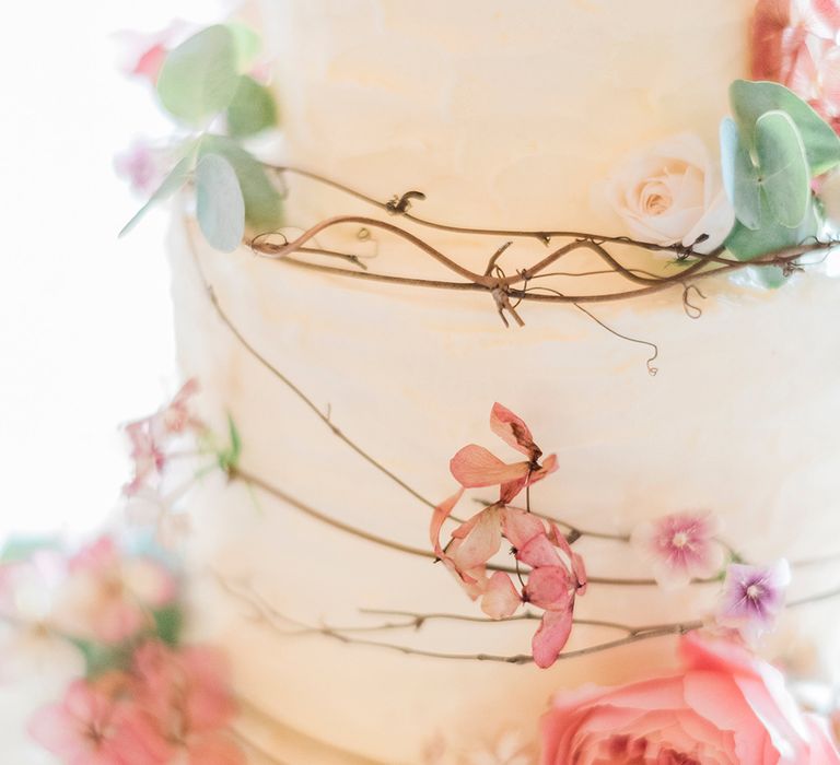 Wedding Cake with Coral Decor | Romantic Peach & Coral Floral Centrepiece | Peach & Coral Country Wedding at Crabbs Barn, Essex | Kathryn Hopkins Photography | Film by Colbridge Media Services Ltd