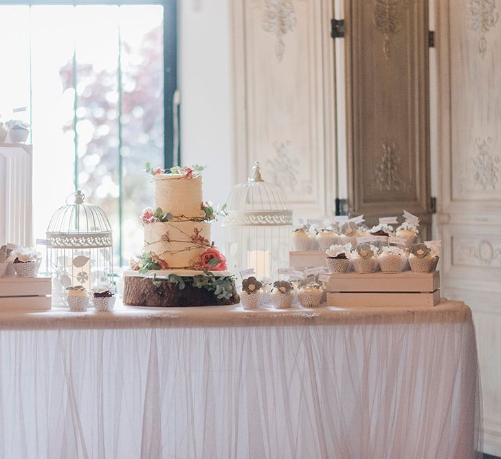 Wedding Cake Station | Romantic Peach & Coral Floral Centrepiece | Peach & Coral Country Wedding at Crabbs Barn, Essex | Kathryn Hopkins Photography | Film by Colbridge Media Services Ltd