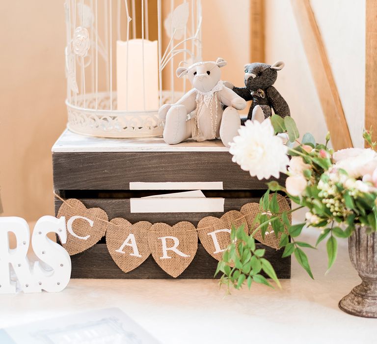 Bird Cage Wedding Card Box Wedding Decor | Romantic Peach & Coral Floral Centrepiece | Peach & Coral Country Wedding at Crabbs Barn, Essex | Kathryn Hopkins Photography | Film by Colbridge Media Services Ltd