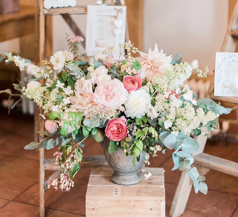 Vintage Step Ladder, Wooden Crate & Blush Floral Arrangement Wedding Decor | Romantic Peach & Coral Floral Centrepiece | Peach & Coral Country Wedding at Crabbs Barn, Essex | Kathryn Hopkins Photography | Film by Colbridge Media Services Ltd