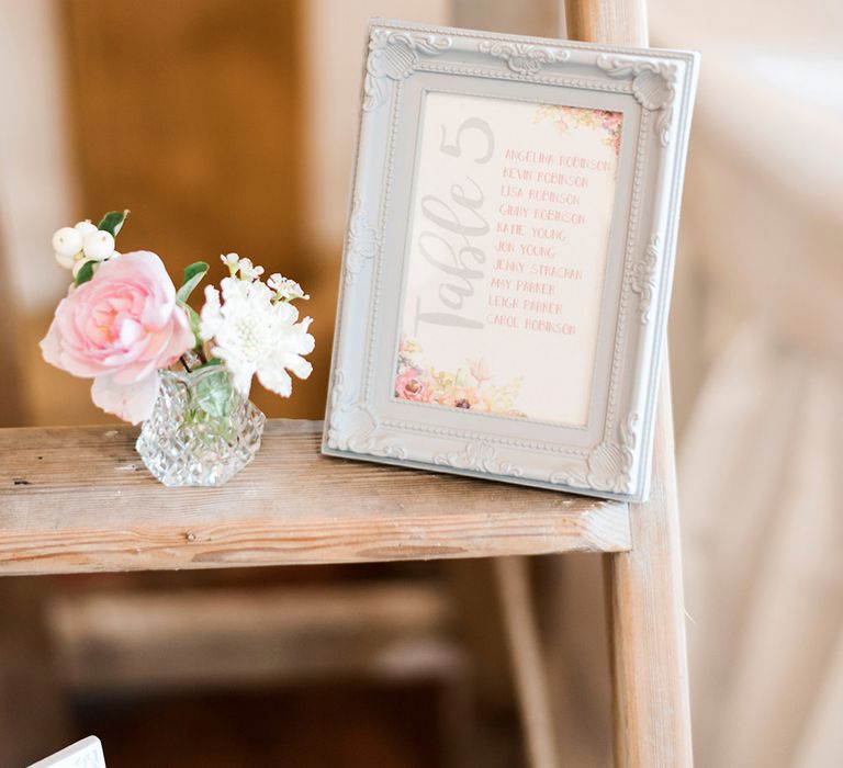 Vintage Step Ladder Table Plan with Romantic Wedding Stationery | Peach & Coral Country Wedding at Crabbs Barn, Essex | Kathryn Hopkins Photography | Film by Colbridge Media Services Ltd