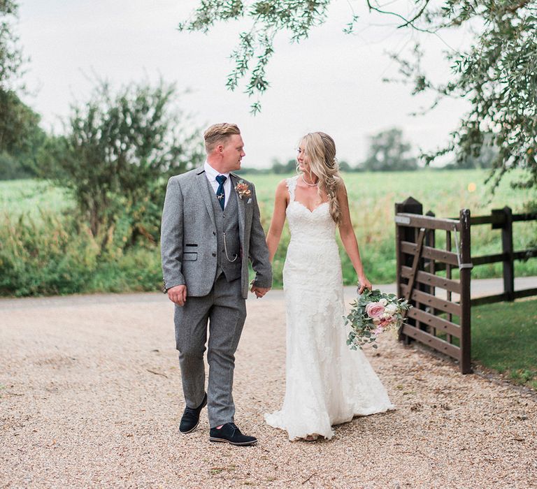 Bride in Lace Enzoani 'Inaru' Bridal Gown | Groom in Grey Wool Master Debonair Suit | Peach & Coral Country Wedding at Crabbs Barn, Essex | Kathryn Hopkins Photography | Film by Colbridge Media Services Ltd