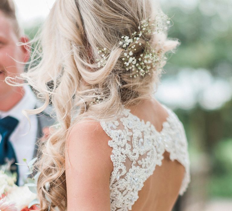 Bride in Lace Enzoani 'Inaru' Bridal Gown with Keyhole Back | Groom in Grey Wool Master Debonair Suit | Peach & Coral Country Wedding at Crabbs Barn, Essex | Kathryn Hopkins Photography | Film by Colbridge Media Services Ltd