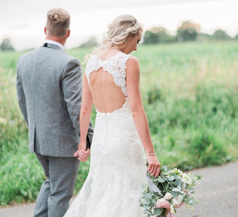 Bride in Lace Enzoani 'Inaru' Bridal Gown | Groom in Grey Wool Master Debonair Suit | Peach & Coral Country Wedding at Crabbs Barn, Essex | Kathryn Hopkins Photography | Film by Colbridge Media Services Ltd