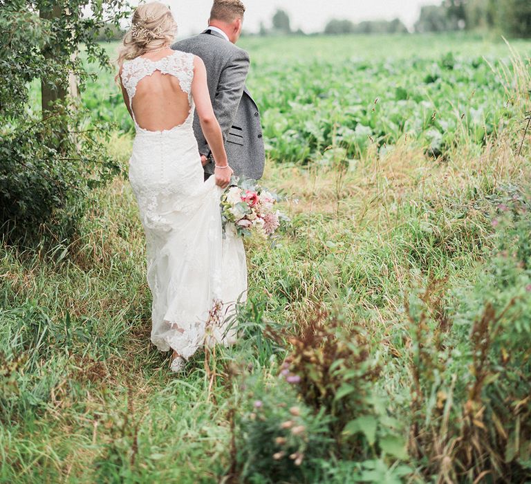 Bride in Lace Enzoani 'Inaru' Bridal Gown | Groom in Grey Wool Master Debonair Suit | Peach & Coral Country Wedding at Crabbs Barn, Essex | Kathryn Hopkins Photography | Film by Colbridge Media Services Ltd