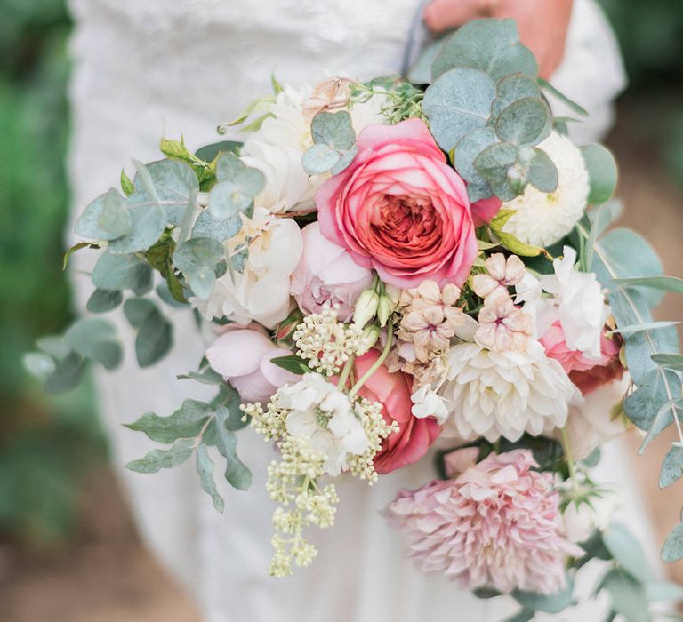 Romantic Pink & Coral Bouquet with Roses & Dahlias | Bride in Lace Enzoani 'Inaru' Bridal Gown | Peach & Coral Country Wedding at Crabbs Barn, Essex | Kathryn Hopkins Photography | Film by Colbridge Media Services Ltd