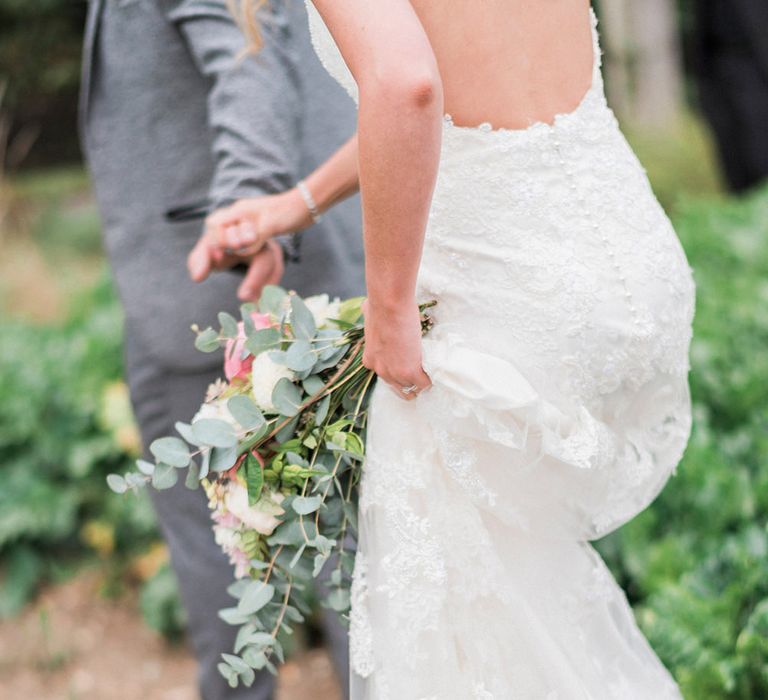 Bride in Lace Enzoani 'Inaru' Bridal Gown | Groom in Grey Wool Master Debonair Suit | Peach & Coral Country Wedding at Crabbs Barn, Essex | Kathryn Hopkins Photography | Film by Colbridge Media Services Ltd