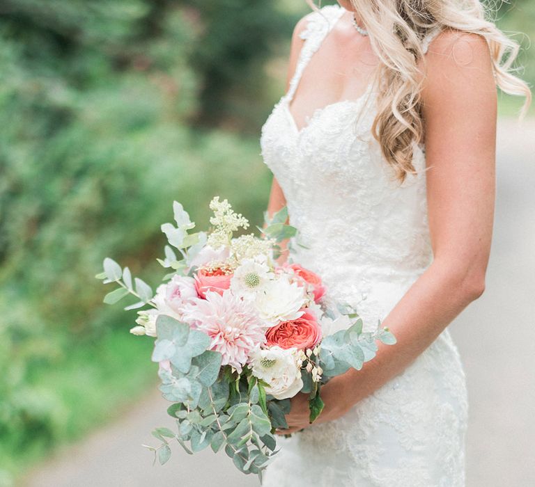 Bride in Lace Enzoani 'Inaru' Bridal Gown | Romantic Pink & Coral Bouquet with Roses & Dahlias | Peach & Coral Country Wedding at Crabbs Barn, Essex | Kathryn Hopkins Photography | Film by Colbridge Media Services Ltd