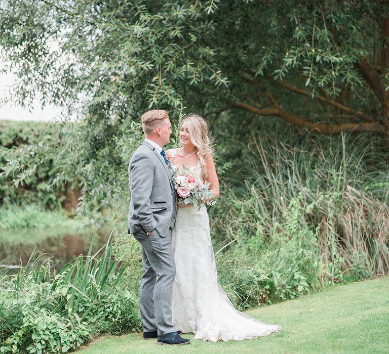 Bride in Lace Enzoani 'Inaru' Bridal Gown | Groom in Grey Wool Master Debonair Suit | Pink & Coral Country Wedding at Crabbs Barn, Essex | Kathryn Hopkins Photography | Film by Colbridge Media Services Ltd