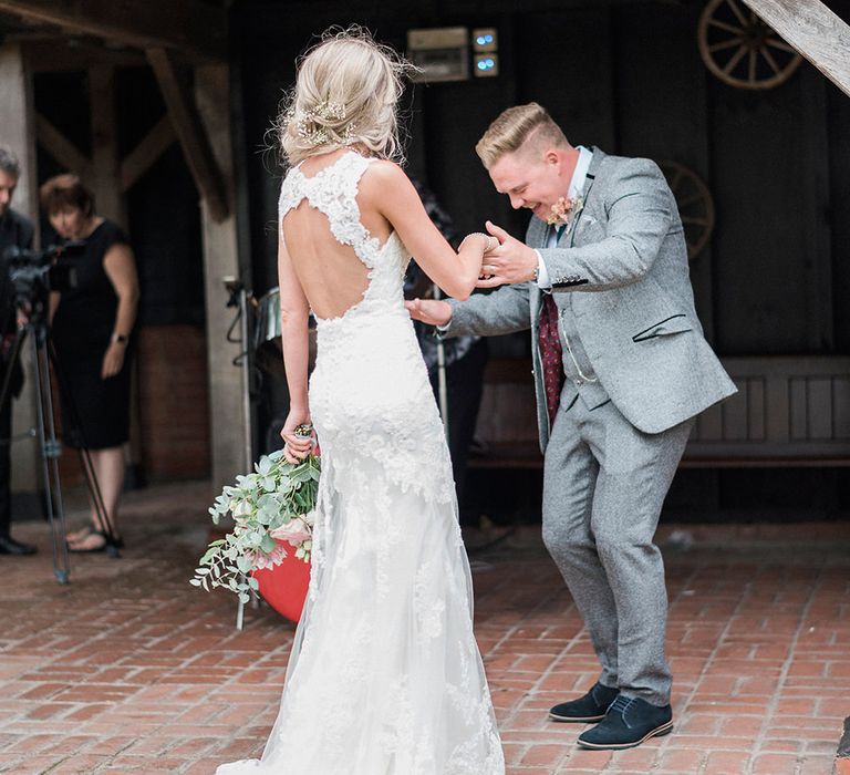 Bride in Lace Enzoani 'Inaru' Bridal Gown | Groom in Grey Wool Master Debonair Suit | Pink & Coral Country Wedding at Crabbs Barn, Essex | Kathryn Hopkins Photography | Film by Colbridge Media Services Ltd