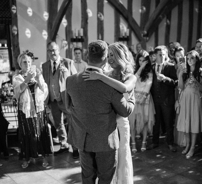 First Dance | Bride in Lace Enzoani 'Inaru' Bridal Gown | Groom in Grey Wool Master Debonair Suit | Pink & Coral Country Wedding at Crabbs Barn, Essex | Kathryn Hopkins Photography | Film by Colbridge Media Services Ltd