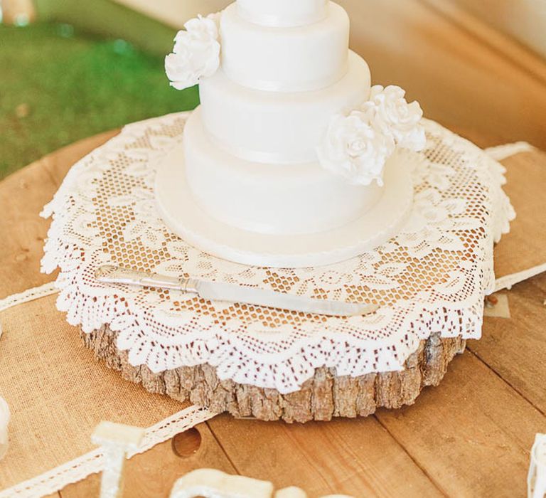 Homemade Three Tier Wedding Cake on Tree Slab Cake Stand