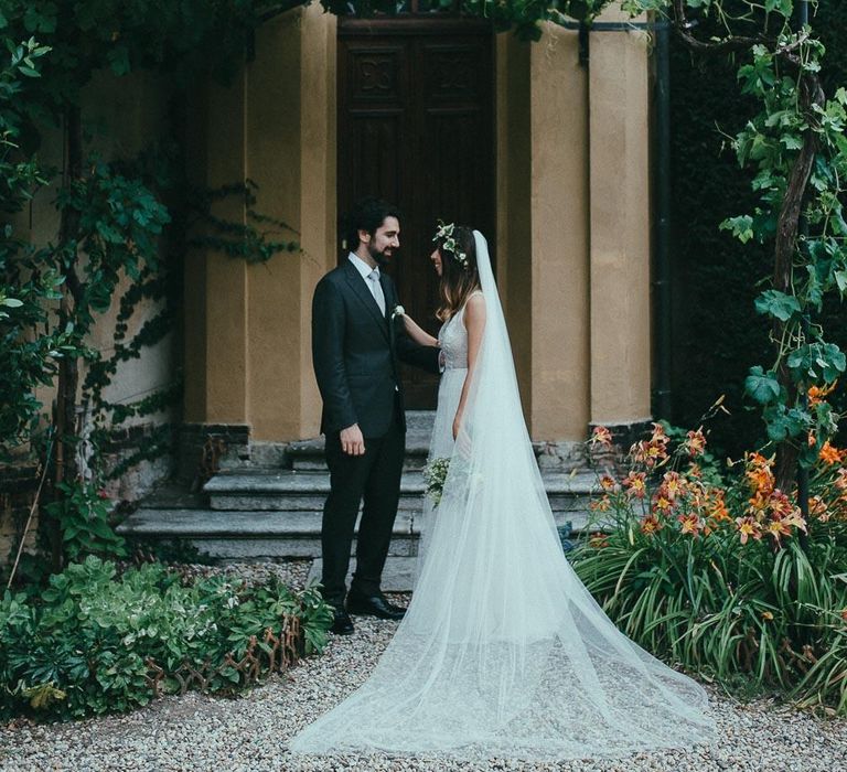 Bride & Groom in Flora Wedding Dress & Italian Suit