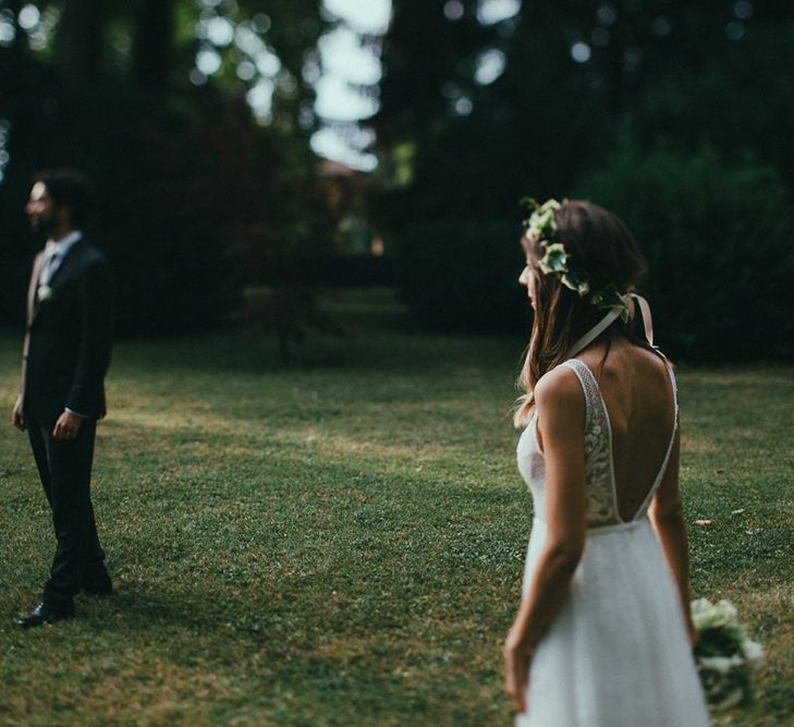 Bride in Flora Wedding Dress First Look