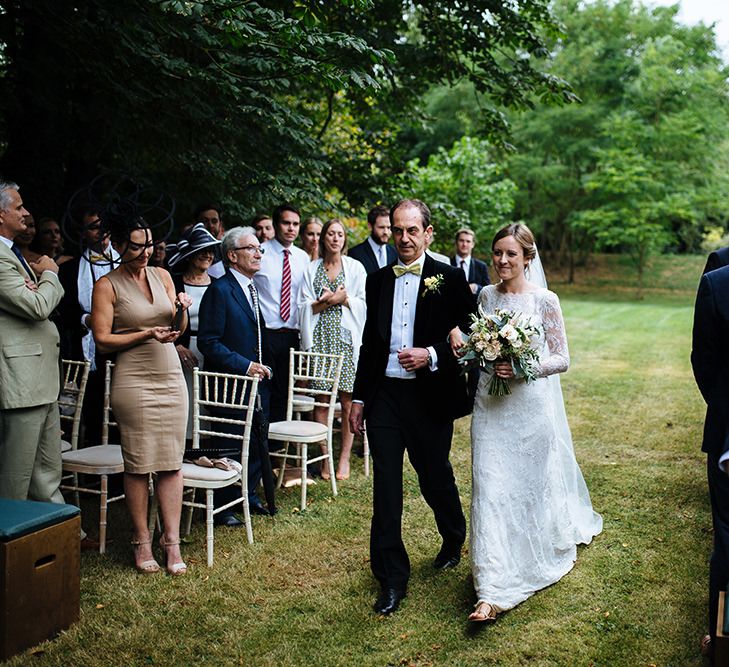 Outdoor Wedding Ceremony at Childerley Hall | Bride in Lace Sottero & Midgley Gown | Father of The Bride in Marks and Spencer Tuxedo | Tawny Photo