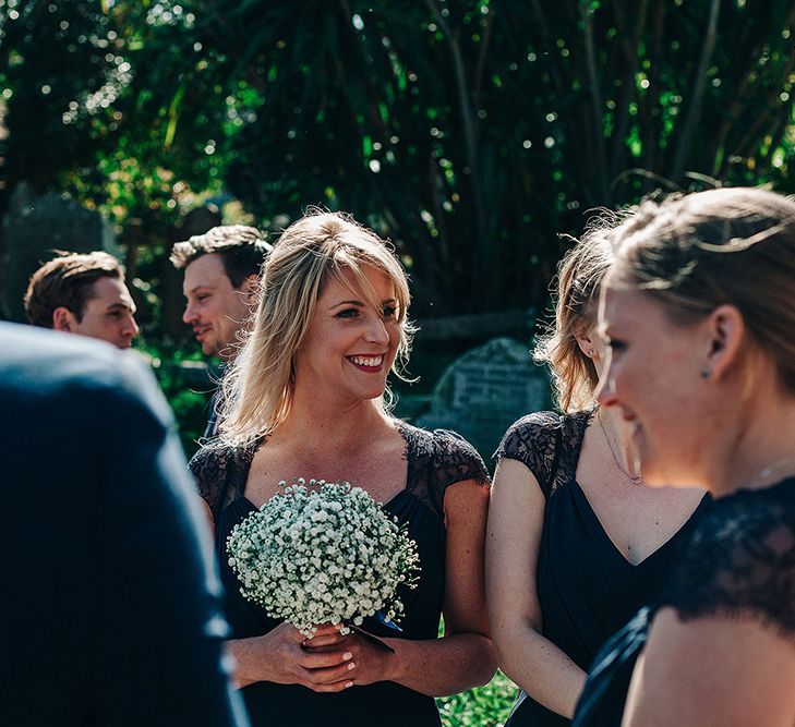 Bridesmaids in Navy ASOS Dresses with Gypsophila Bouquets | Isles of Scilly Wedding | Jason Mark Harris Photography