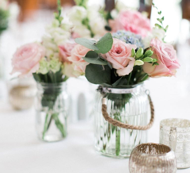 Pastel Flower in Jars Wedding Decor