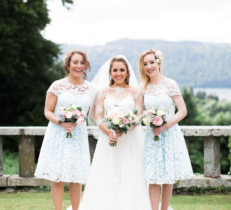 Bridesmaids in Pale Blue Lace Ted Baker Tea Dresses