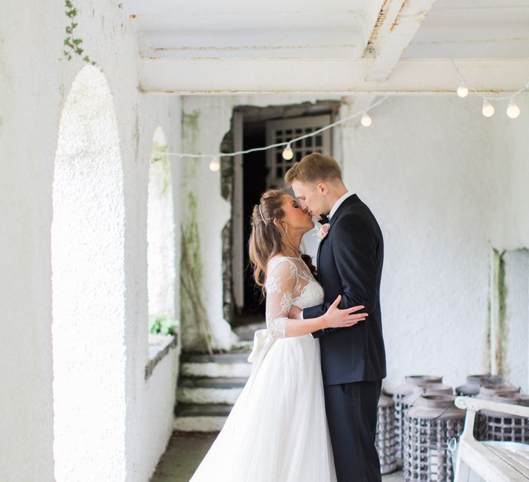 Romantic Bride & Groom Portrait with Festoon Lights