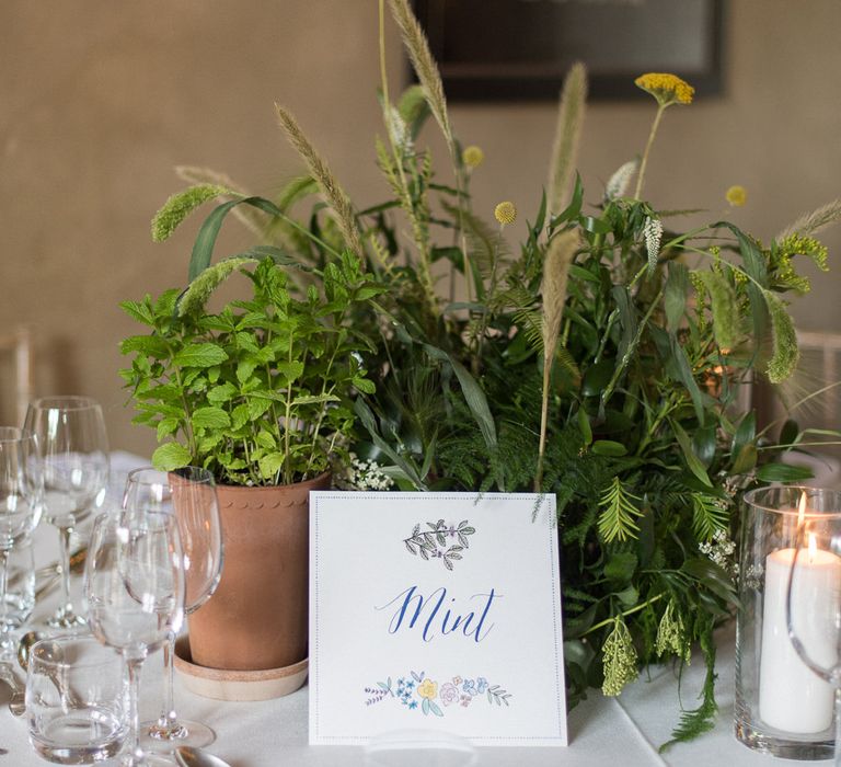 Herb Table Names & Centrepieces | Classic Green & White Outdoor Country Wedding at Voewood in Norfolk, Planned & Styled by Vanilla Rose Weddings & Events | Julie Michaelsen Photography