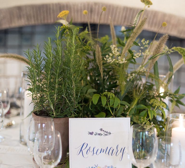 Herb Table Names & Centrepieces | Classic Green & White Outdoor Country Wedding at Voewood in Norfolk, Planned & Styled by Vanilla Rose Weddings & Events | Julie Michaelsen Photography