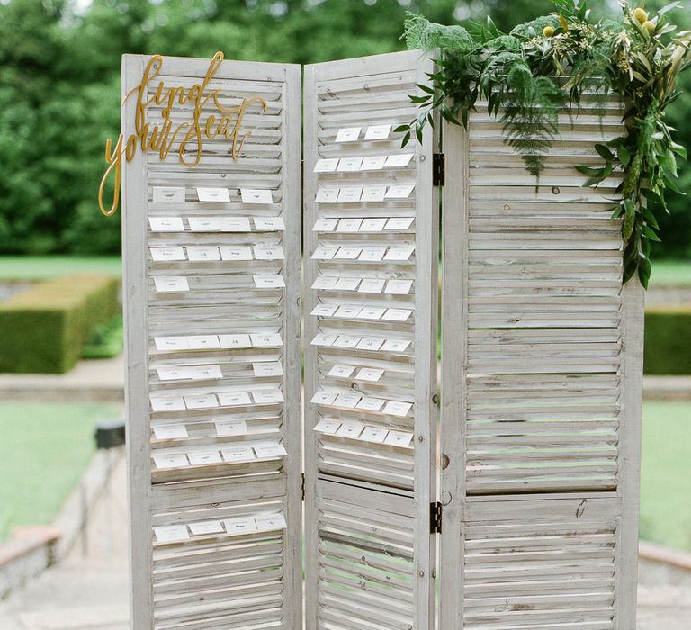 Shutter Table Plan | Classic Green & White Outdoor Country Wedding at Voewood in Norfolk, Planned & Styled by Vanilla Rose Weddings & Events | Julie Michaelsen Photography