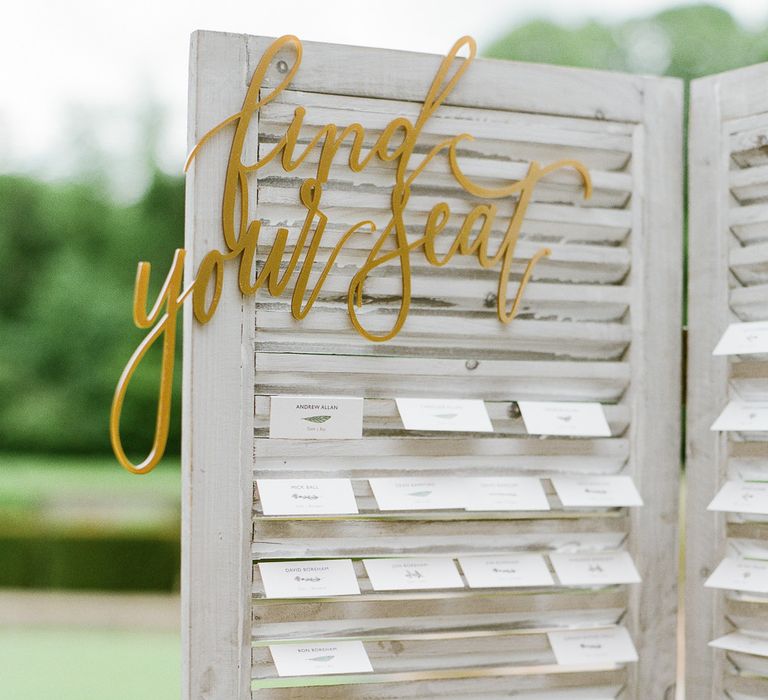 Shutter Table Plan | Classic Green & White Outdoor Country Wedding at Voewood in Norfolk, Planned & Styled by Vanilla Rose Weddings & Events | Julie Michaelsen Photography