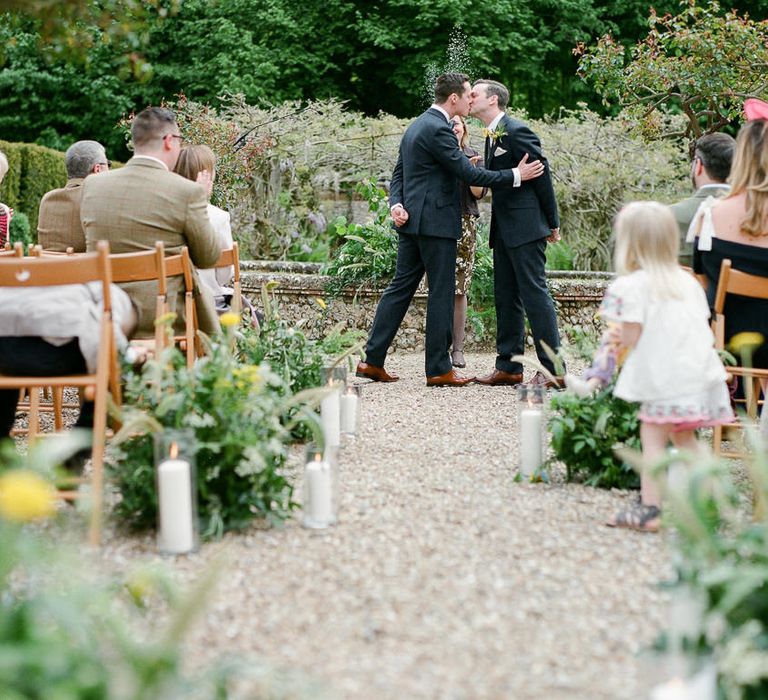 Wedding Ceremony | Grooms in Walker Slater Suits | Classic Green & White Outdoor Country Wedding at Voewood in Norfolk, Planned & Styled by Vanilla Rose Weddings & Events | Julie Michaelsen Photography