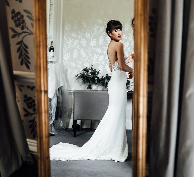 Bride Getting Ready in Illusion Back Martina Liana Bridal Gown | Modern Hall London | Beatrici Photography