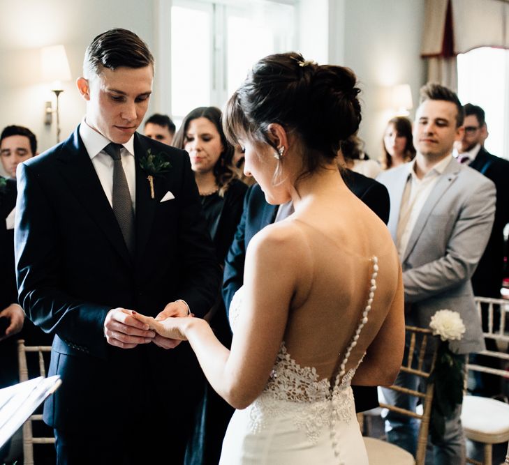 Wedding Ceremony | Bride in Illusion Back Martina Liana Bridal Gown | Groom in Gieves & Hawkes Suit | Modern Hall London | Beatrici Photography