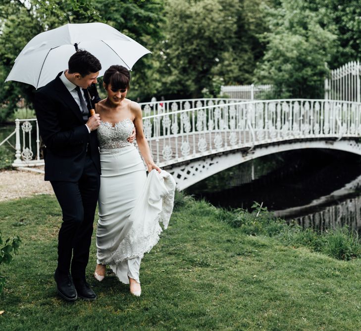 Bride in Illusion Back Martina Liana Bridal Gown | Groom in Gieves & Hawkes Suit | Modern Hall London | Beatrici Photography