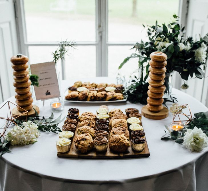 Cake Table | Stylish White, Greenery & Copper Wedding at Morden Hall in London | Beatrici Photography