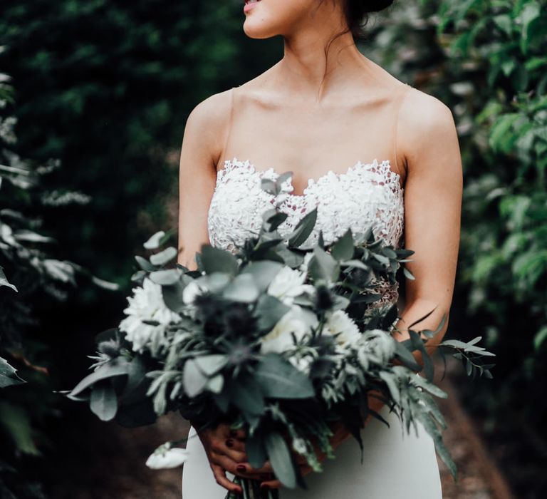 White Rose & Foliage Bouquet | Bride in Illusion Back Martina Liana Bridal Gown | Beatrici Photography