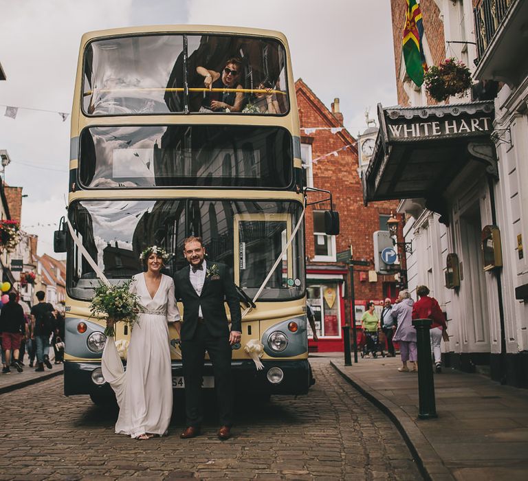 Wedding Bus | Bride & Groom | Elizabeth Dye Bridal Gown | Marc Darcy Suit | Steven Haddock Photography