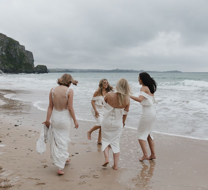 Bridesmaids In White Structured Dresses By Lavish Alice