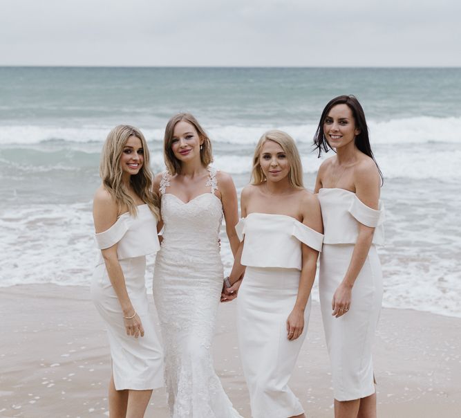 Bridesmaids In White Structured Dresses By Lavish Alice