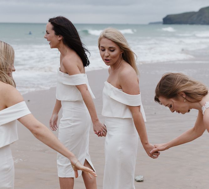 Bridesmaids In White Structured Dresses By Lavish Alice