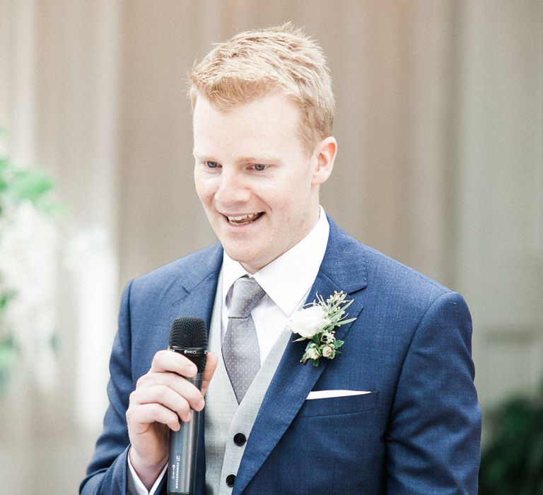 Groom in Reiss Navy Wedding Suit | Elegant Hampton Manor Wedding with Floral Decor | Xander & Thea Fine Art Wedding Photography