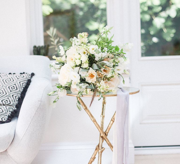 Romantic White & Peach Wedding Bouquet on Gold Legged Table | Elegant Hampton Manor Wedding with Floral Decor | Xander & Thea Fine Art Wedding Photography